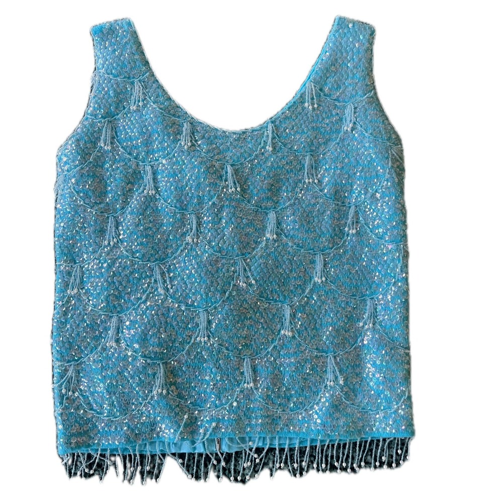 Vintage 60s Blue Sequin Beaded Scallop Shell Top Sz M Mermaid Flapper Pristine